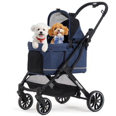 Poussette 797Audio pour chien bleu, structure solide pour balades en extérieur.