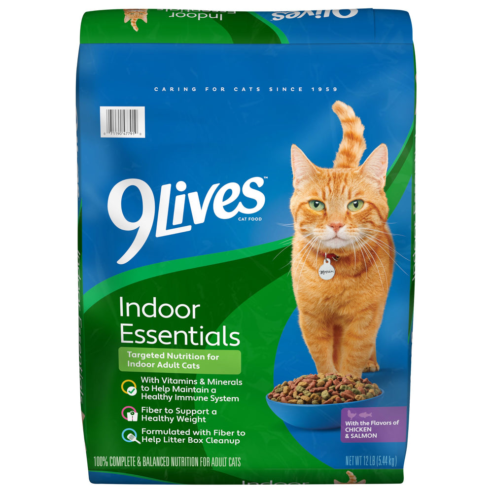 9Lives Indoor Essentials – sac de 12 livres avec croquettes poulet et saumon pour chats d'intérieur.