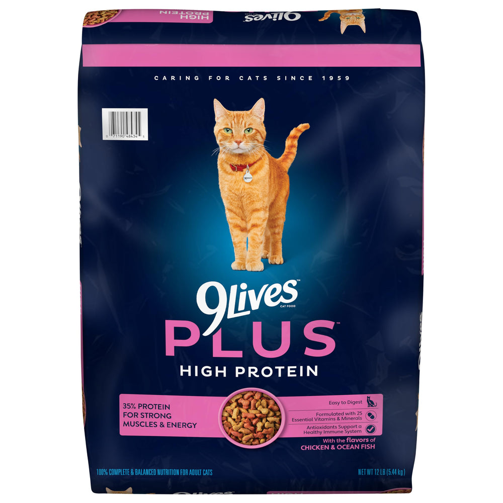 9Lives Plus croquettes poulet et poisson pour chat adulte, soutien musculaire.
