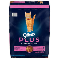 9Lives Plus croquettes poulet et poisson pour chat adulte, soutien musculaire.