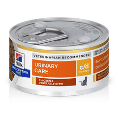 Hill's c/d Multicare en conserve, ragoût poulet-légumes, soutien urinaire potentiel pour chats adultes.