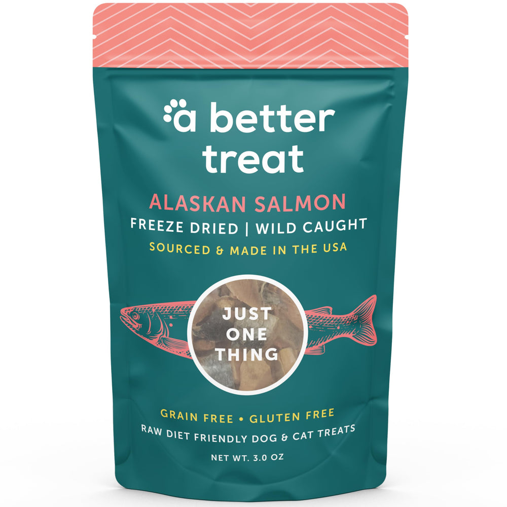 A Better Treat emballage saumon lyophilisé, récompense sans céréales adaptée à l’entraînement.