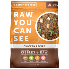 A Better Treat poulet séché visible, croquettes riches en protéines pour chien actif.