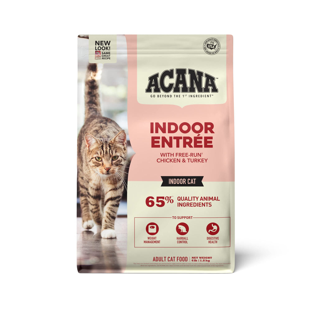 ACANA Indoor Entrée croquettes: poulet et dinde, hareng et lapin, parfaites pour chats d’intérieur.