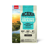ACANA Wholesome Grains chiots, gros plan sur les croquettes, énergie et croissance.