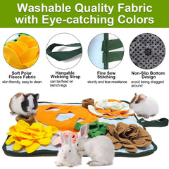 Adpartner tapis-de-fouille-lapin-foin-dedans: foin et friandises dissimulés.