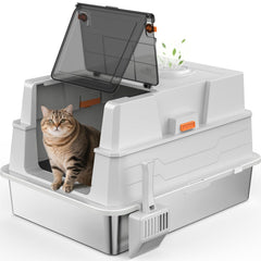 Litière AIPERRO en acier inoxydable avec couvercle ouvert pour ramassage facile.