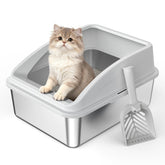 Litière inox AIPERRO avec couvercle haut, utile pour limiter les projections.