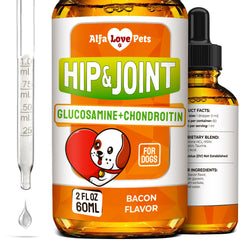 Alfa Love Pets glucosamine pour chiens, bouteille liquide saveur bacon, soutien des articulations.