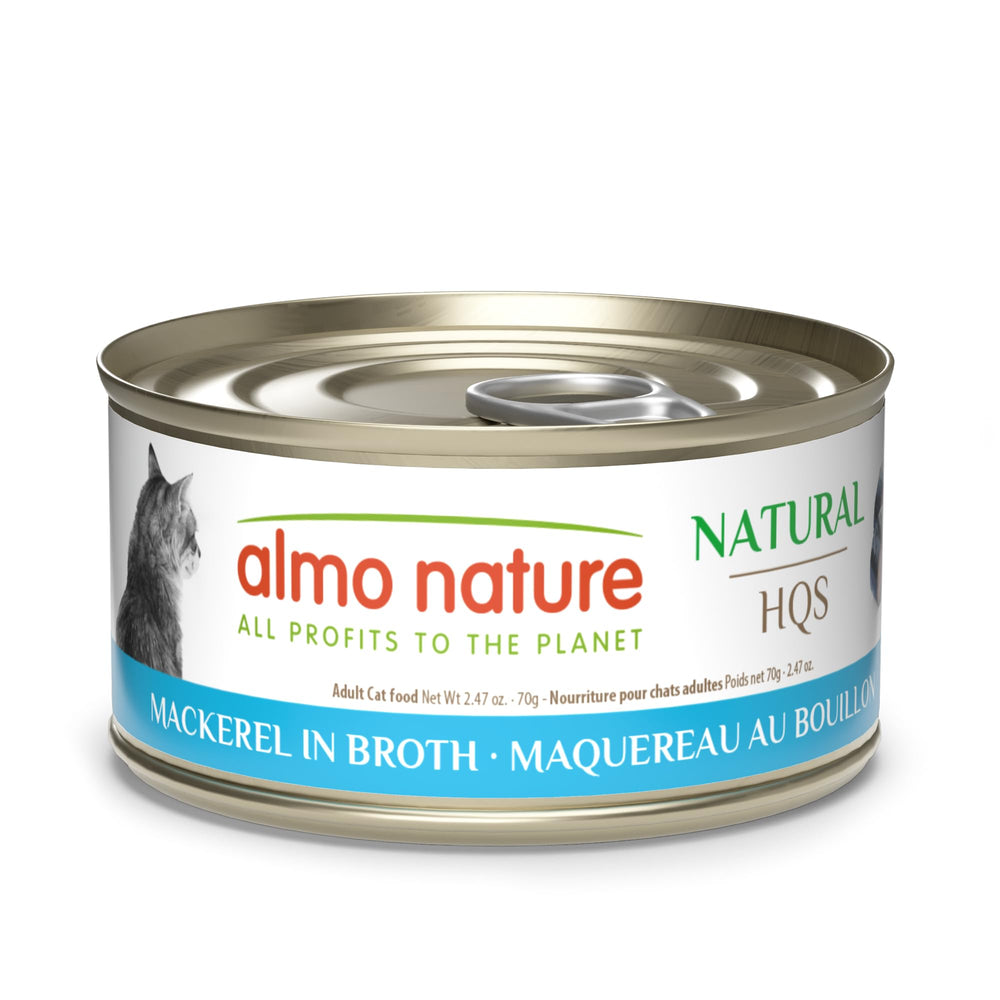 Pâtée HQS Almo Nature Maquereau en bouillon, protéine facile à digérer pour chats délicats.