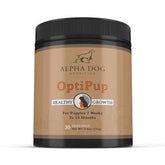 OptiPup Alpha Dog Nutrition, bouteille montrant le complément quotidien pour la croissance.