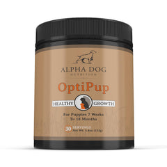 OptiPup Alpha Dog Nutrition, bouteille montrant le complément quotidien pour la croissance.