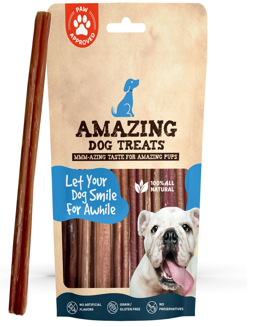 Bâton de mastication Amazing Dog Treats de 12 pouces, idéal pour une mastication durable.
