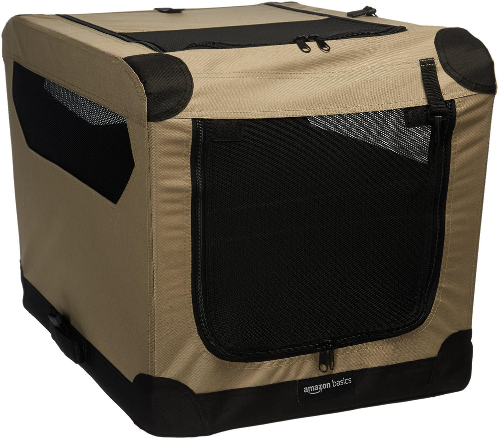 Amazon Basics cage-chien-en-tissu-doux pliable 2 portes haut et avant, chargement rapide en voyage.