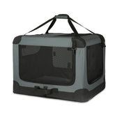 Chenil Amazon Basics portatif à quatre portes, pratique pour le transport et le couchage.