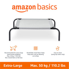 Amazon Basics lit pour chien élevé gris, vue côté, cadre durable et soutien robuste.