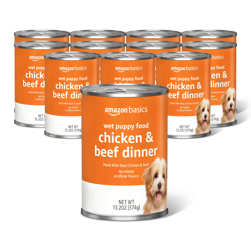 Repas chiot amazon-basics au poulet et boeuf, pratique en conserve pour portions faciles.