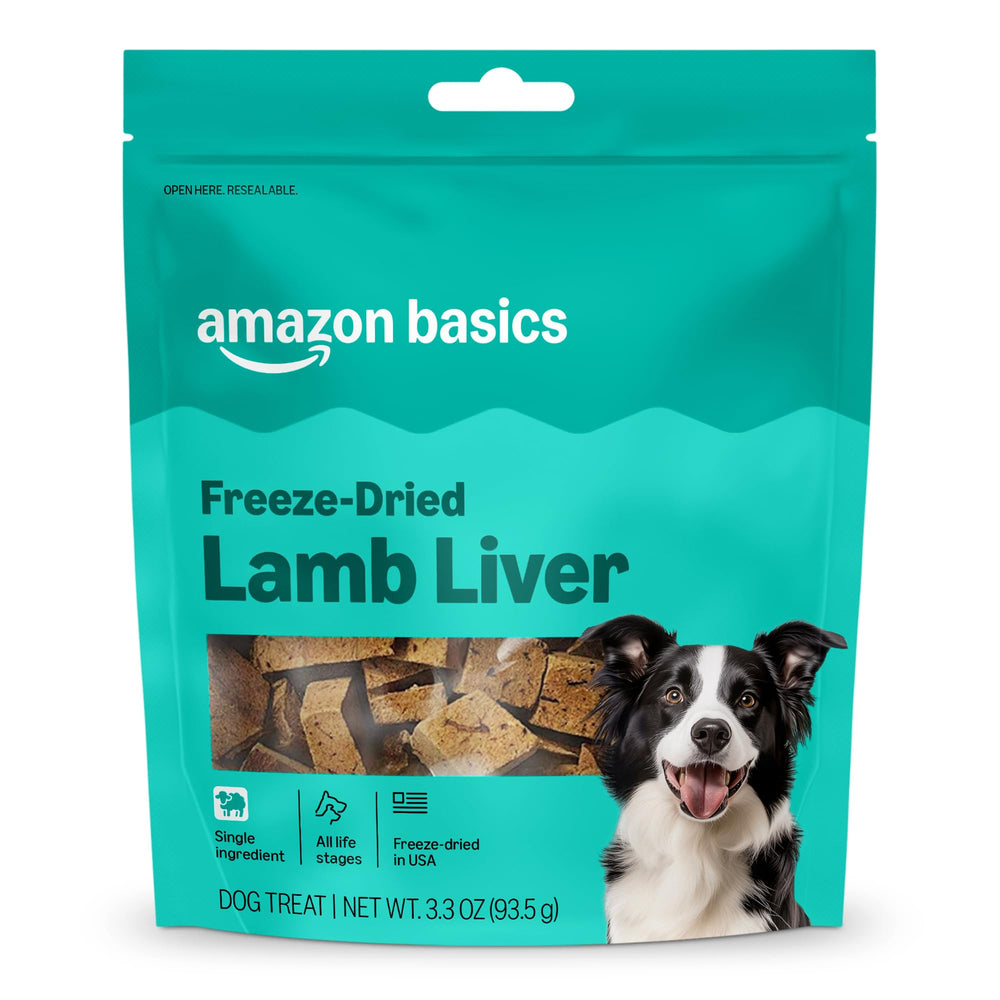 Sachet fermable Amazon Basics contenant foie d'agneau lyophilisé, récompense pratique pour entraînement.