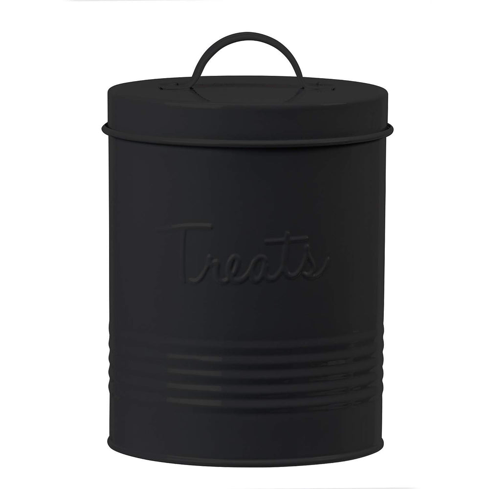 Bocal rétro Amici Pet en métal noir mat pour friandises fraîches et bien rangées.