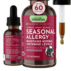 Gouttes Animal Essentials pour allergie saisonnière, soutien naturel pour chiens et chats.