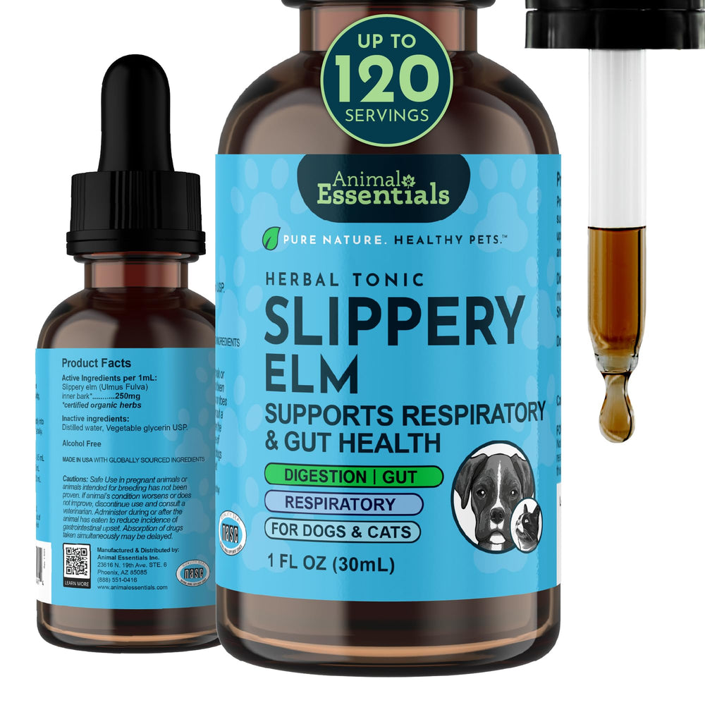 Animal Essentials Slippery Elm – bouteille montrant la formulation naturelle soutenant la digestion des chiens et chats.
