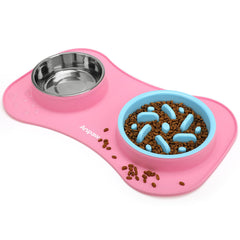 Anipaw ensemble bol alimentation lente 3-en-1 en rose et bleu, idéal pour ralentir les repas.