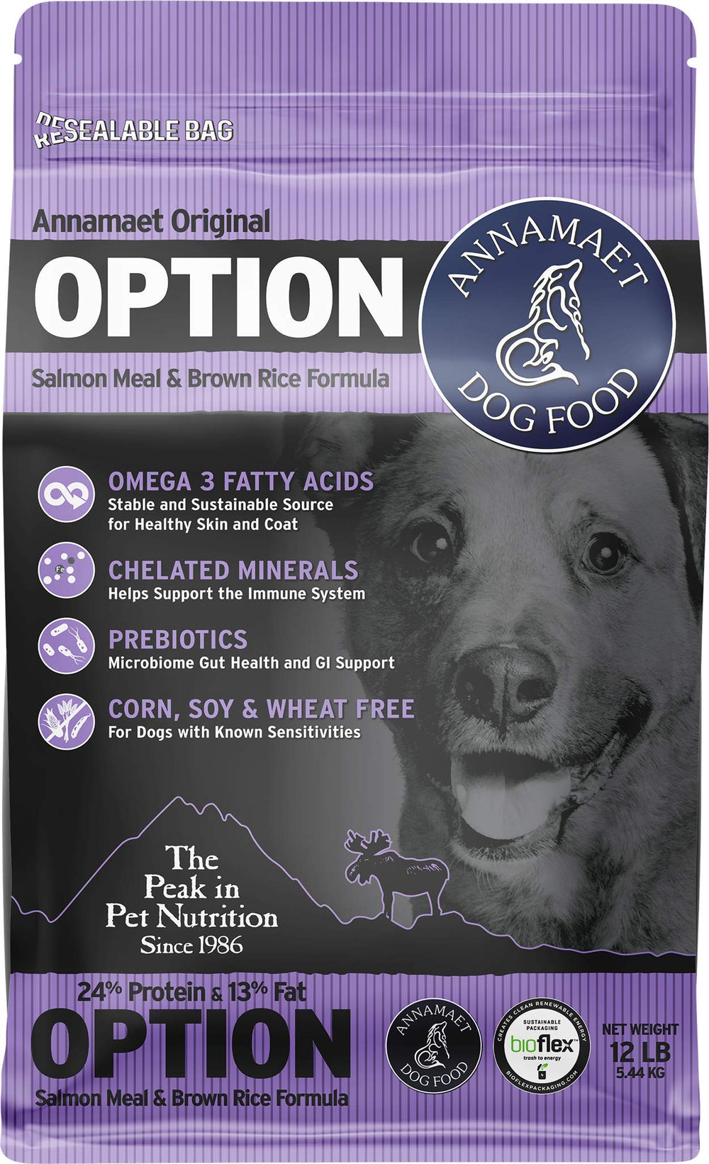 Annamaet Option Saumon et Riz Brun: croquettes nutritives pour chiens actifs et sensibles.