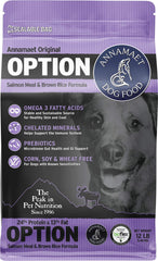 Annamaet Option Saumon et Riz Brun: croquettes nutritives pour chiens actifs et sensibles.