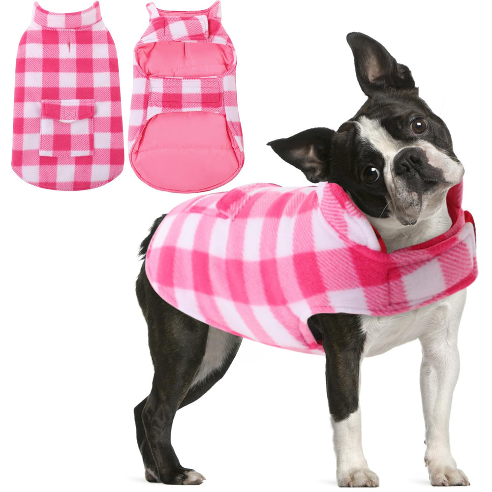 Manteau AOFITEE pour chien, version plaid rose avant; chaleur et style.