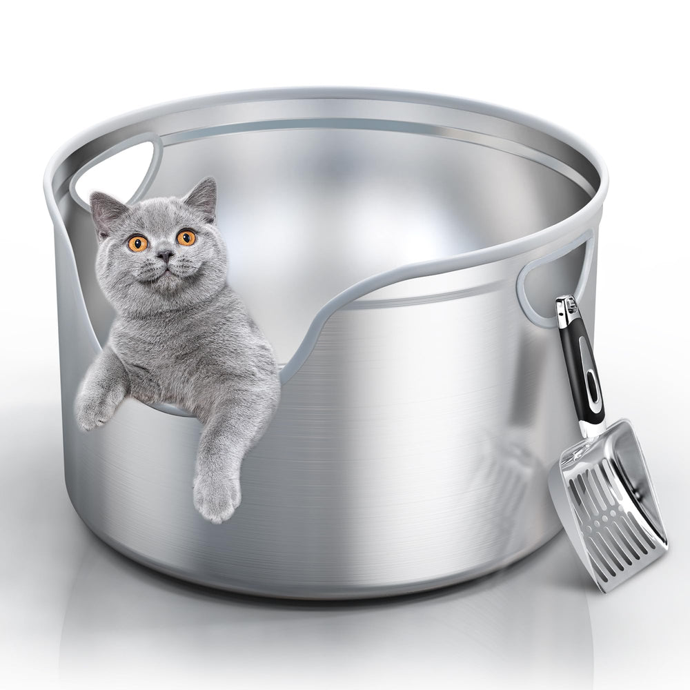 Litière inox ronde Aothey XL: espace généreux pour grands chats.