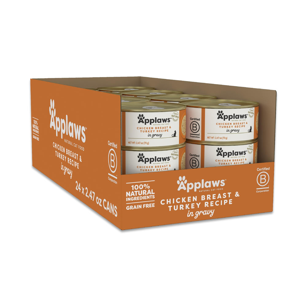 Applaws – boîtes humides pour chat, sauce poulet-dinde, protéines naturelles.
