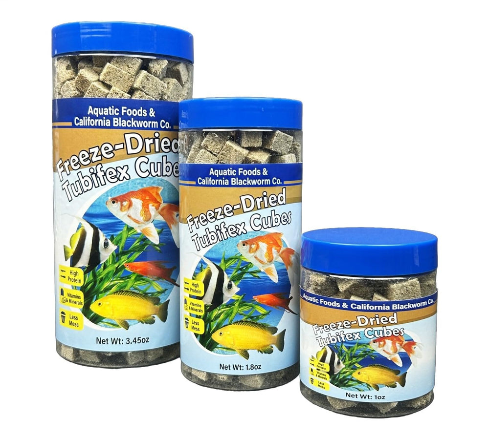 Cubes tubifex séchés Aquatic Foods, riches en protéines pour poissons tropicaux.