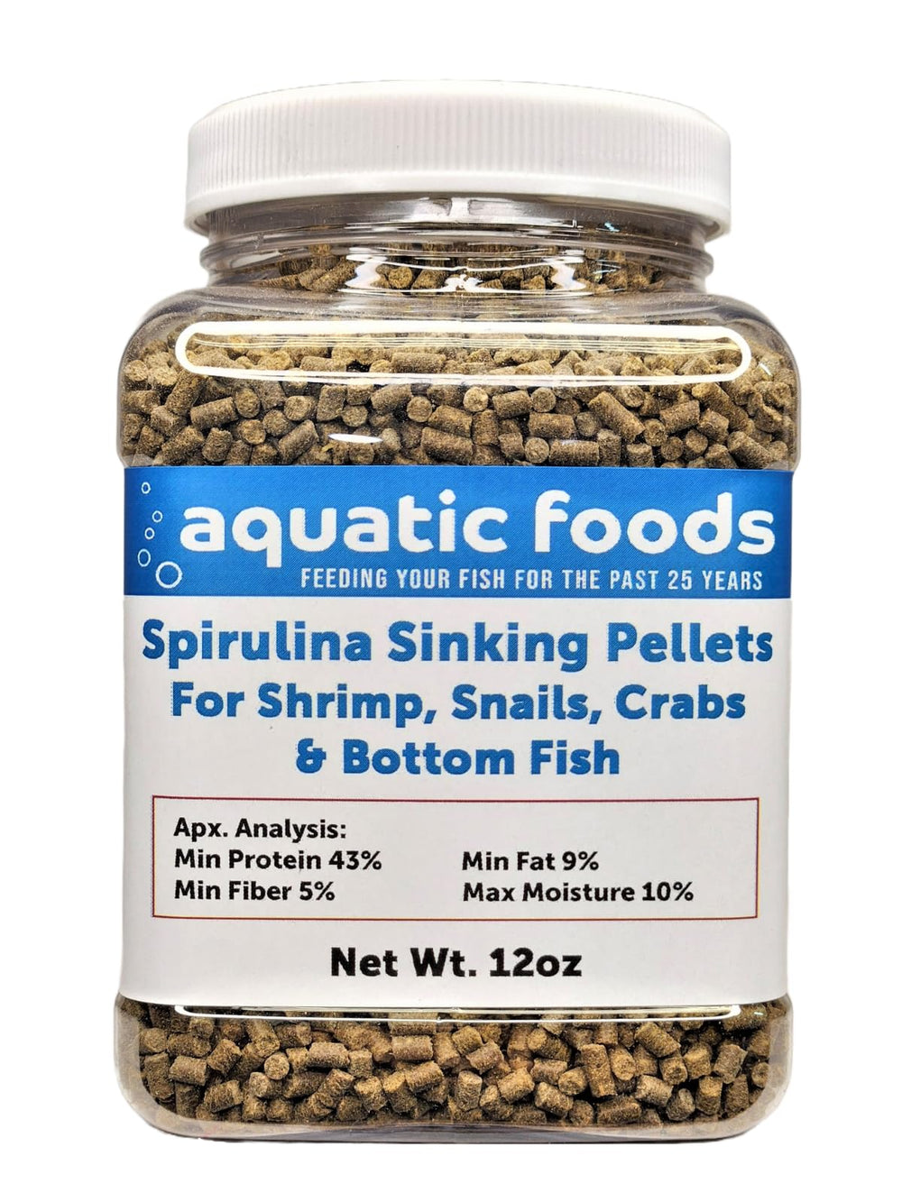 Pellets spiruline tombants Aquatic Foods pour crevettes et poissons de fond.