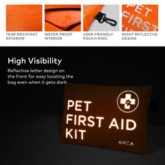 ARCA PET Kit premiers secours chien, 35 éléments visibles en extérieur.