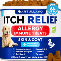 Artullano: bouteille de bouchées allergie chien, soutien possible pour peau et pelage.