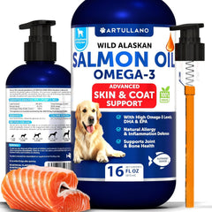 Artullano huile saumon pour chien, bouteille-pour: dosage quotidien pratique.
