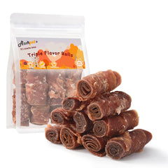 ASMPET boîte refermable montrant les rouleaux triple saveurs pour sorties chien.