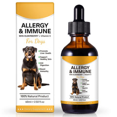 Asusxcli Allergy Relief Drops: bouteille sur plan de travail, soutien immunitaire potentiel pour chien.