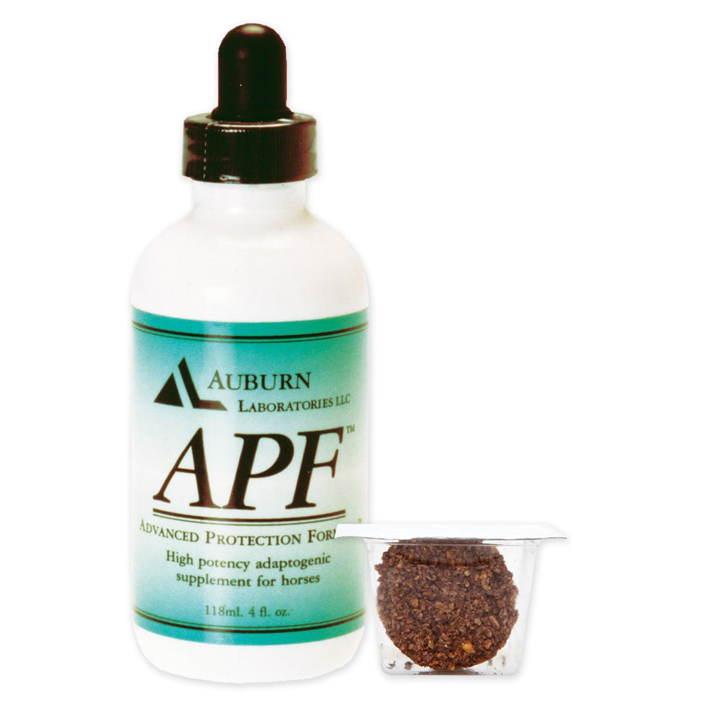 APF d'Auburn Laboratories Inc. sur la bouteille, soutient l'équilibre et le confort quotidien du cheval.