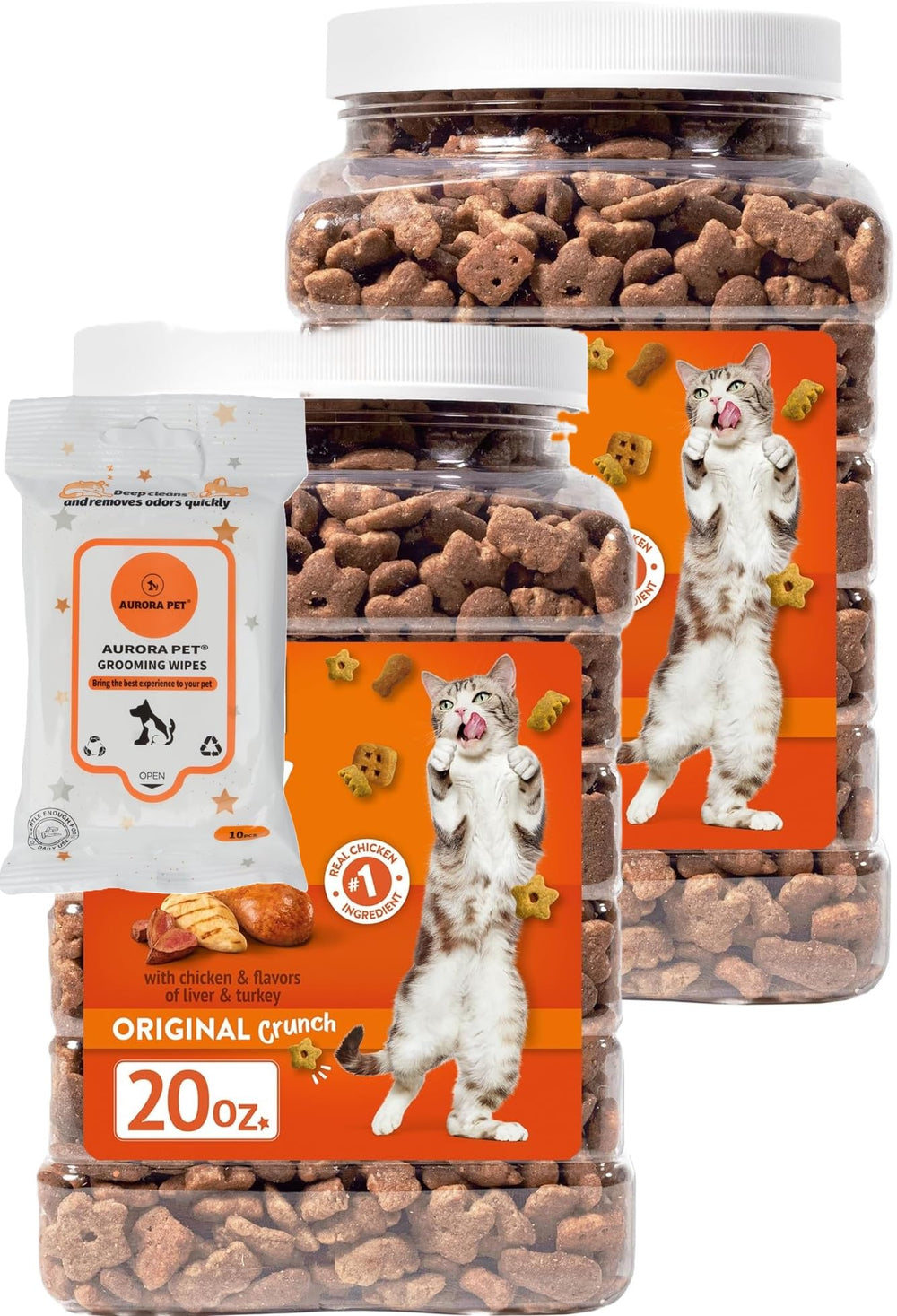 Lot Aurora Pet avec friandises chat au poulet et lingettes soin.