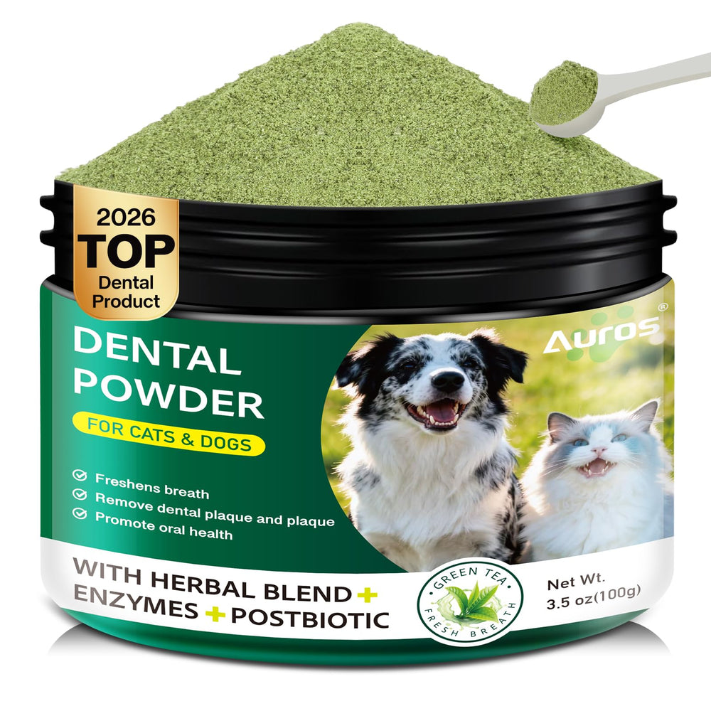 AUROS Poudre Dentaire pour chien – sourire brillant après utilisation en douceur.