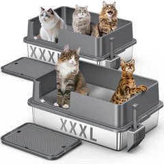 Avgooscalb 2-pack litière acier inox XXL ensemble, espace généreux pour grands chats.