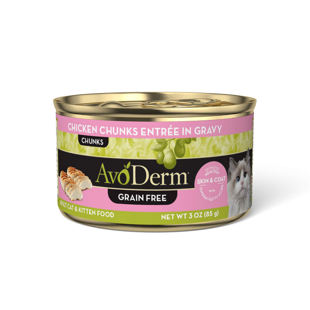 AvoDerm Morceaux poulet en sauce dans une boîte, texture tendre pour chats actifs.