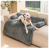 Avont tapis lit chien sur canapé, surface douce et réconfortante pour le repos.