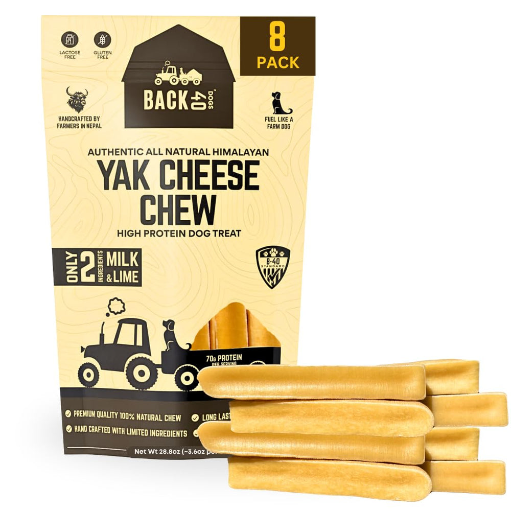 Back 40 Dogs Yak Cheese Himalayan Chews photo-du-pack montrant l’emballage et les portions, idéal pour planifier les friandises.