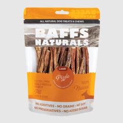 Baffs Naturals bâtonnets pizzle d'agneau pour chiens, emballage clair et sûr.