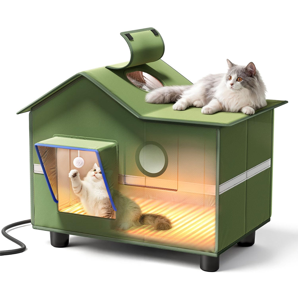 Banxye abri chat chauffé – vue extérieure avec toit et fenêtre, refuge sûr et lumineux