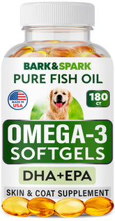 Flacon BARK&SPARK Omega3 et gélules pour chiens soutenant peau et pelage.
