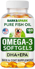 Flacon BARK&SPARK Omega3 et gélules pour chiens soutenant peau et pelage.