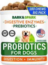 Bark&Spark Probiotiques: boîte et bouchées digestives au poulet pour soutien quotidien.